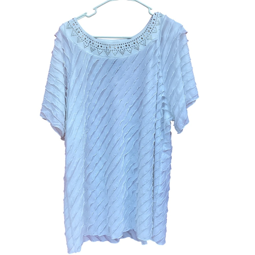 Brittany Black Woman White Ruffle Blouse‎ Rhinestone Neckline 3X